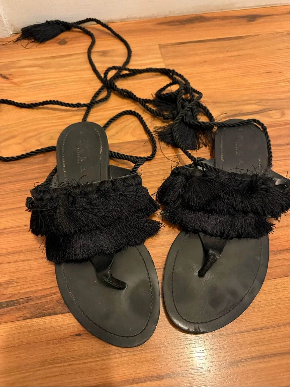 Zara Black Fringe Tie-Up Sandals - Picture 6 of 9